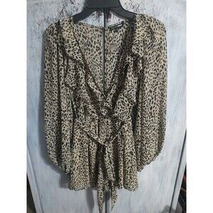 Fashion Nova Leopard V-neck Puff Sleeve Ruffled Shorts Romper Small Boho...